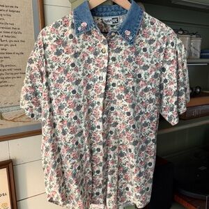 Vintage 90s Floral Button Down Denim Embroidered Collar Cottagecore Krazy Kat
